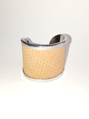 Michael Kors Woven Leather Wide Cuff Silver Tone Bracelet Jewelry